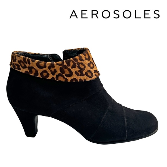 Aerosoles Boots Booties Heeled Play Pleat Faux Suede Leopard Animal Print Detail - Picture 1 of 12